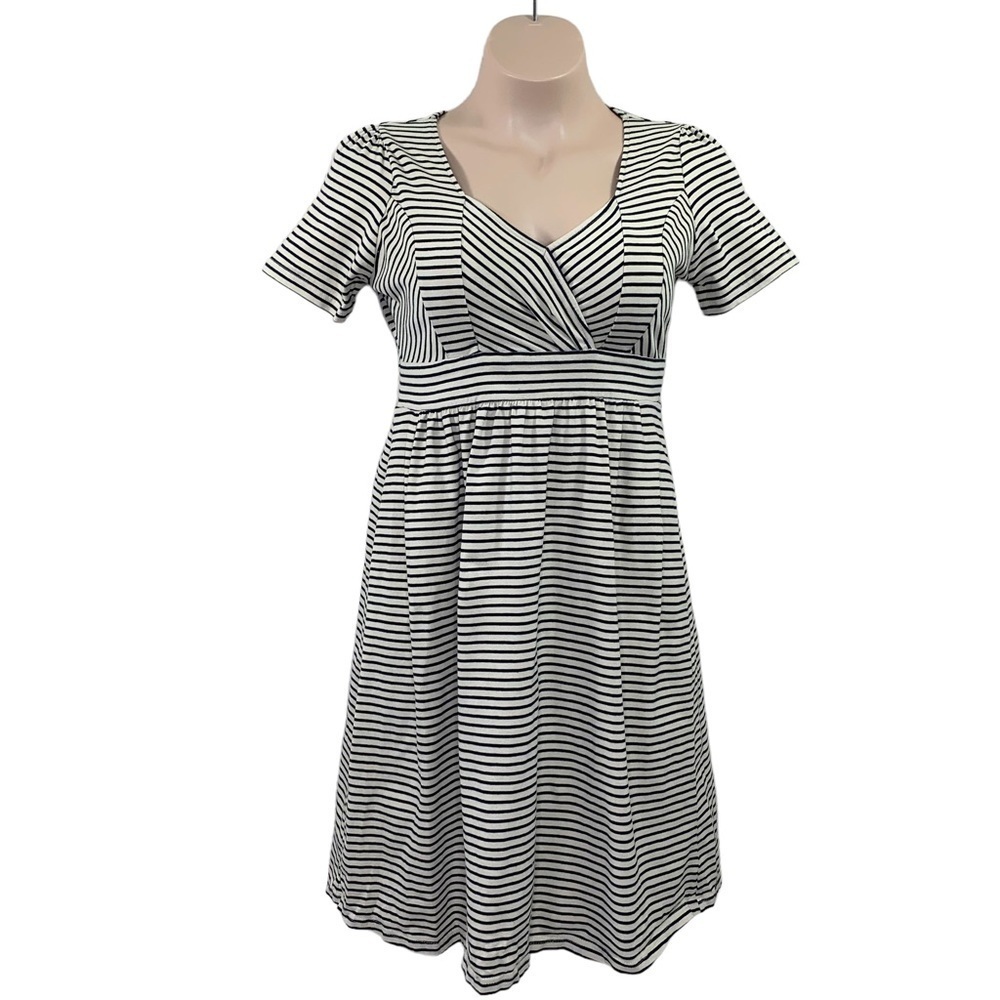 Large Romy Beige Black Striped Midi Dress V Neck Short Sleeve Neutral Classic